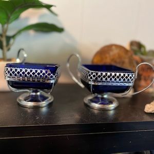 Vintage Blue Cobalt Sugar & Cream Dish with Silver Handles